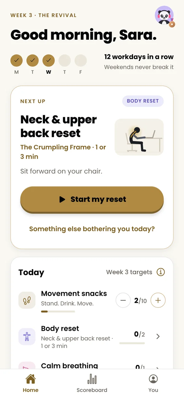 The app’s Home screen in week 3: the next reset for the neck and upper back, and today’s movement snacks