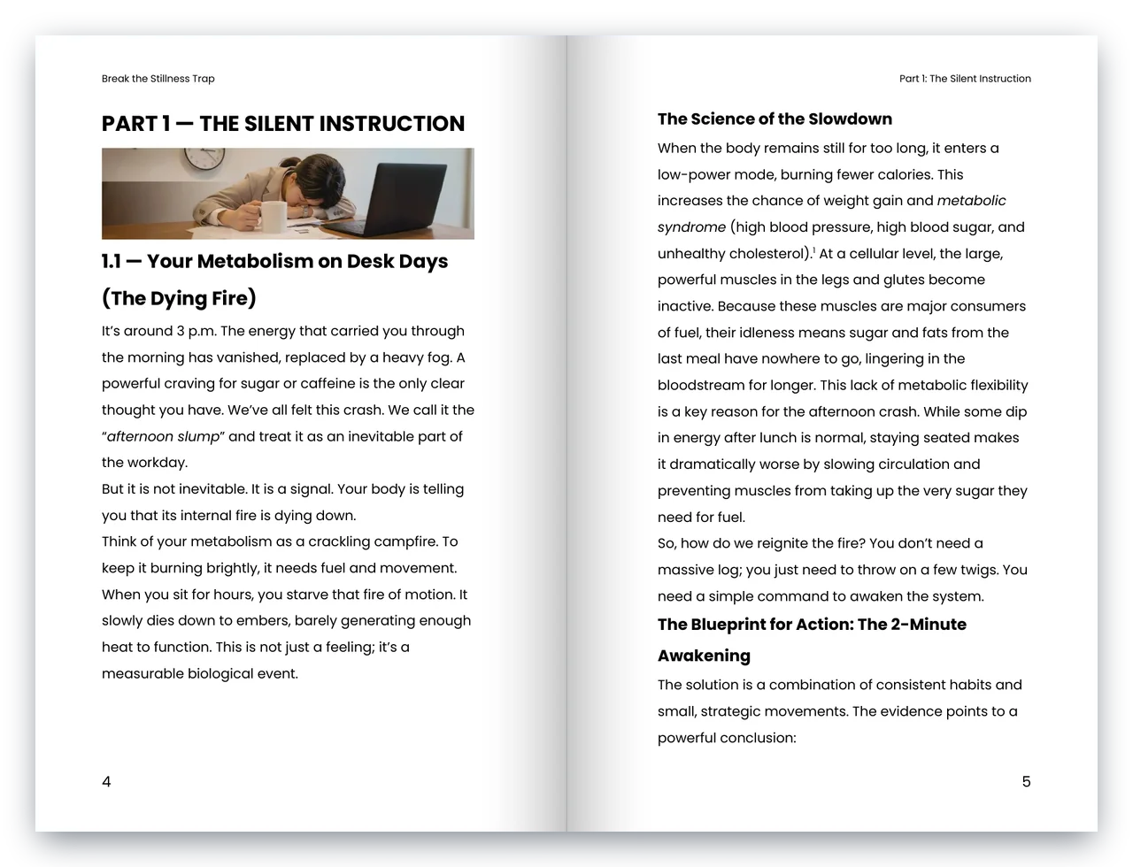 Break the Stillness Trap opened at Part 1, The Silent Instruction, pages 4 and 5