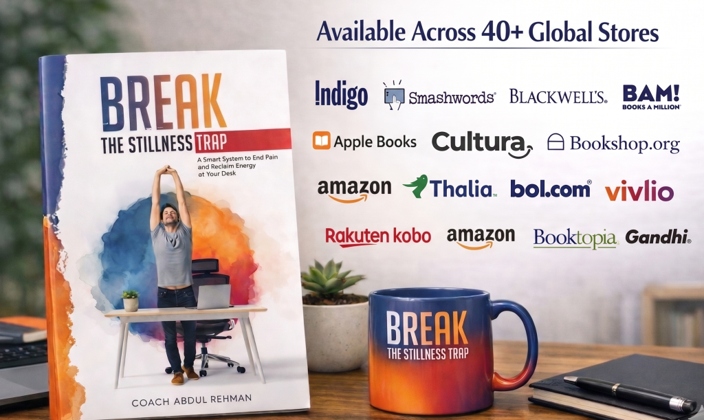 Break the Stillness Trap book by Coach Abdul Rehman, a system for executives to fix desk pain, available at 40+ global stores including Amazon and Apple Books.